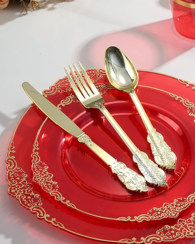 350 Piece Red Dinnerware Set for 50 Guests | Includes: 100 Gold Rim Plastic - Image 6