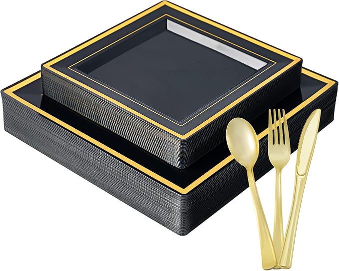 25 Guests Plastic Plates Set Gold Disposable Dinnerware Set | Include 25 Pc 10" by JOLLYCHEF