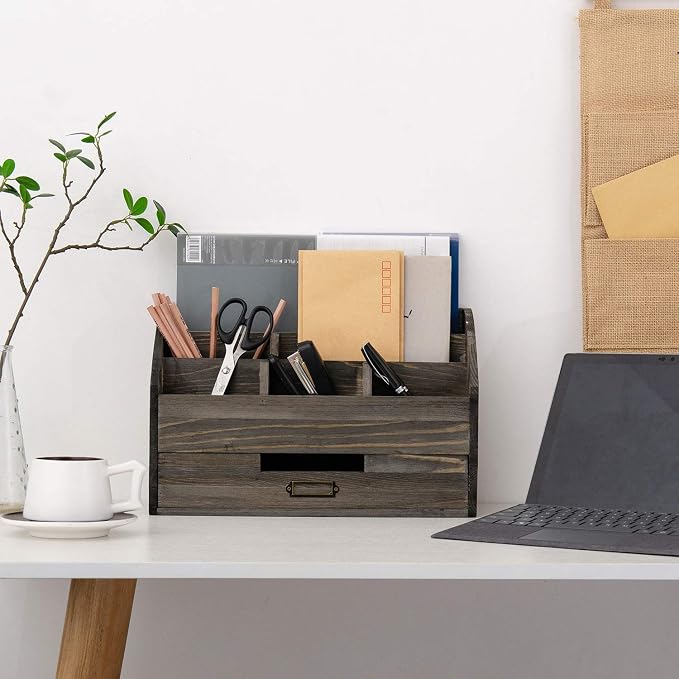 canwedance Distressed Rustic Wooden Office Desk Organizer 5 Compartment - Image 5