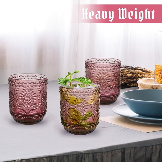 Topsky Vintage Drinking Glass Set of 4, 12 oz Embossed Floral Drinkware Set - Image 7
