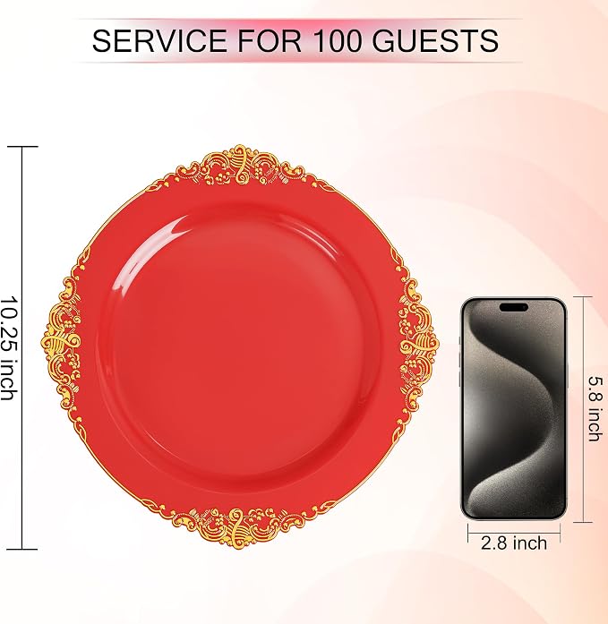 Nervure 100Pcs 10.25'' Red Plastic Plates, Heavy Duty Disposable Plates - Image 7