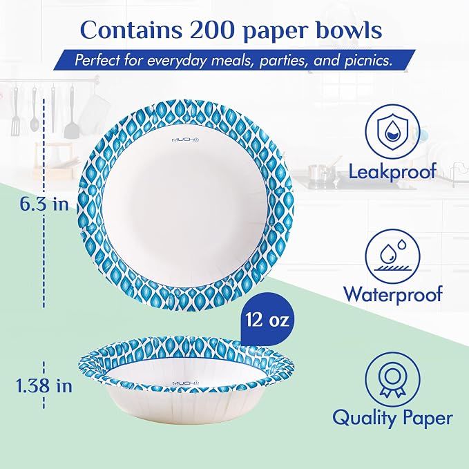 MUCHII 12 Oz Paper Bowls 200 Counts Disposable Bowls, Printed Soak Proof Small - Image 3