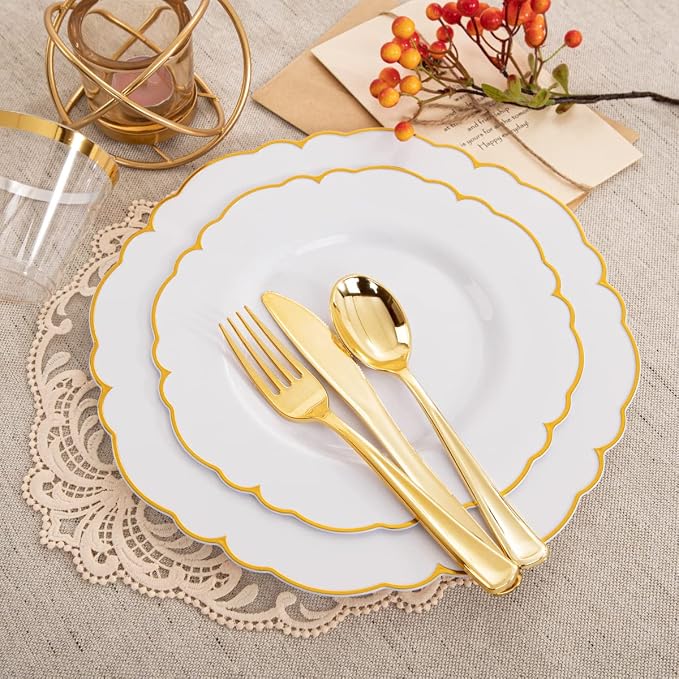 Morejoy 175PCS Gold Plastic Plates，White Gold Disposable Plates Sets | Include - Image 2