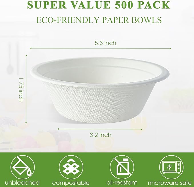 Vplus 500 Pack 12 OZ Compostable Paper Bowls, Bagasse Bowls Bulk，White | - Image 3