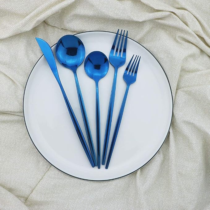 JASHII Shiny Blue Silverware Set, 20-Piece Stainless Steel Satin Finish Flatware - Image 9