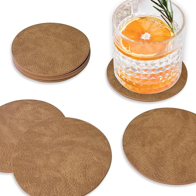Set of 8 Morgan Faux Leather 4 Inch Round Coasters, Heat & Water Absorbent by Homewear