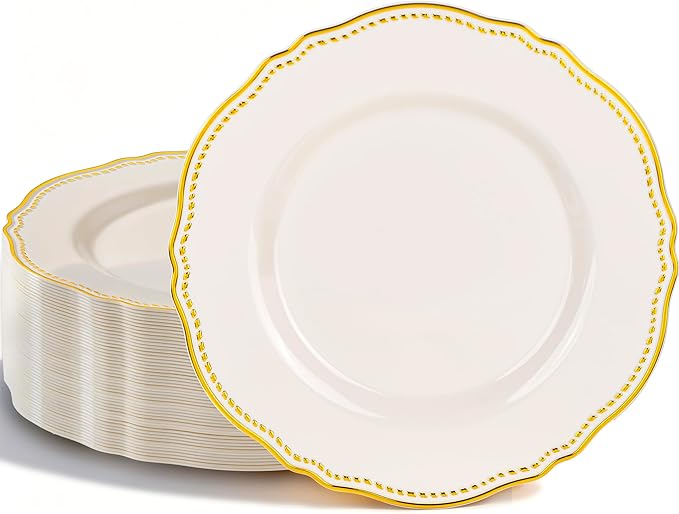 60 Pcs Ivory Gold Dinner Plates by Hioasis