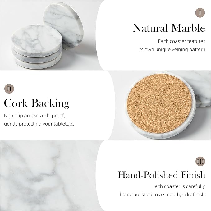 Natural Marble Coaster Set of 4.Round Drinks Coasters, Non-Ceramic/Non-Resin | - Image 3