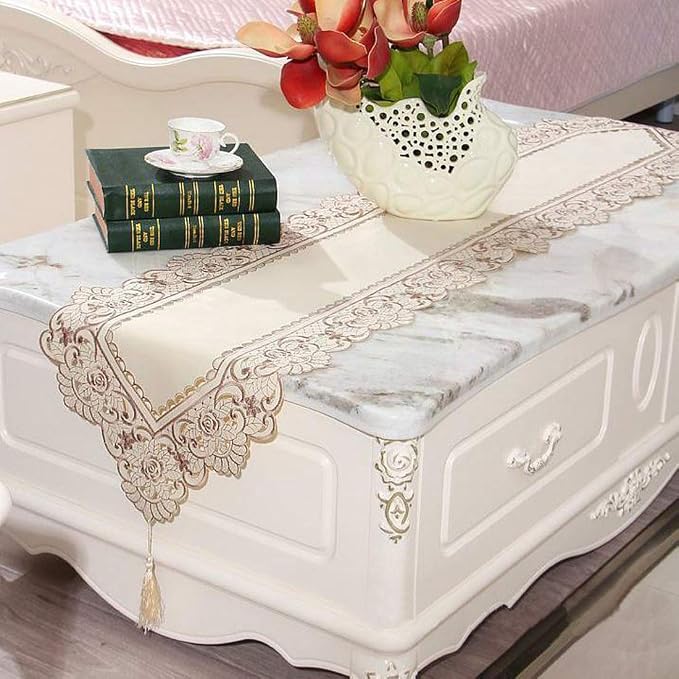LeLehome Classic Table Runner 15 Inch X 77 Inch, Flower Embroidery Beige Brown - Image 9