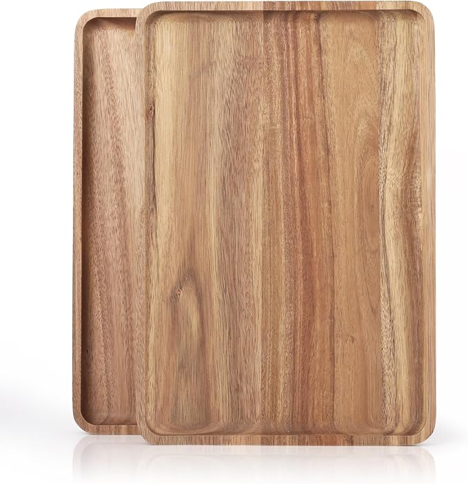 2 PCS Solid Acacia Wood Serving Trays 13 * 9 inch Rectangular Wooden Serving by focusonwoodandbamboo