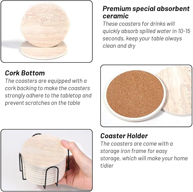 9 Pieces Ceramic Coasters for Coffee Table Absorbent, Billbotk Drink Coasters - Image 4
