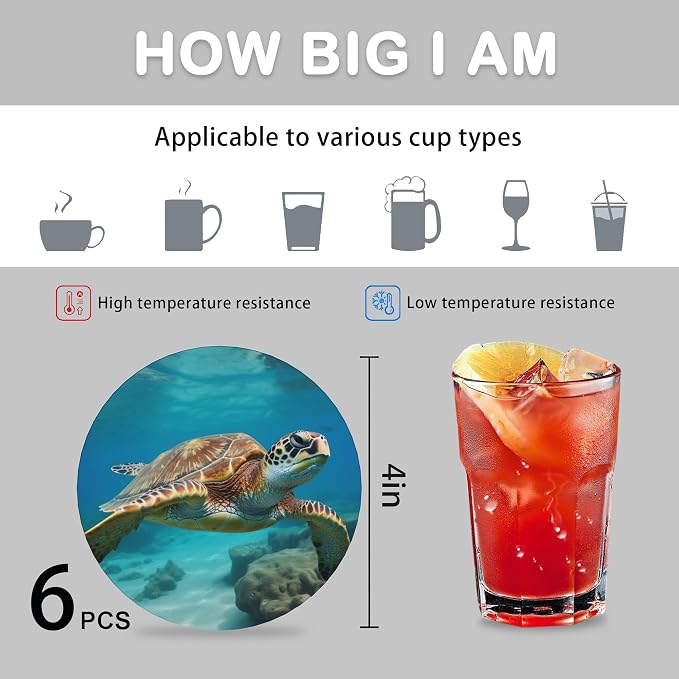 Drink Coasters for Drinks Set of 6, Sea Turtles Absorbent Round Ceramic Stone - Image 4