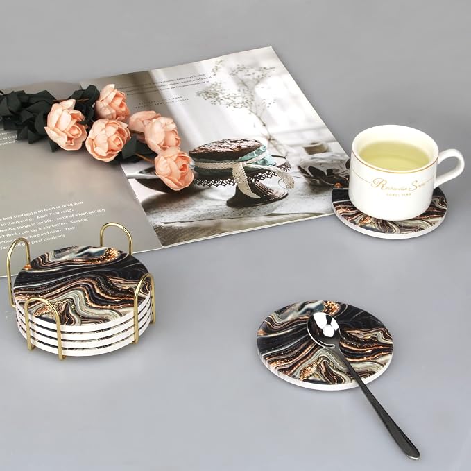 6 Pcs Black and Gold Marble Coasters - Image 4