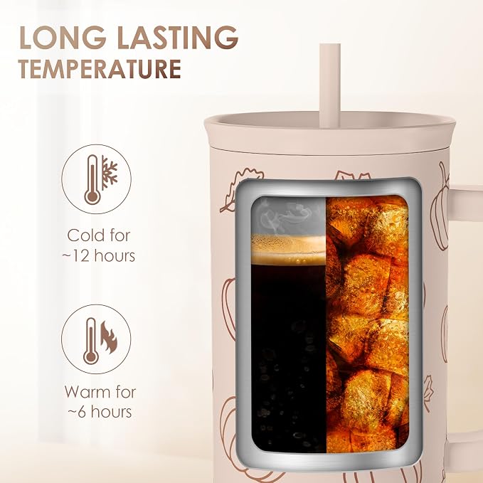 SANDJEST Pumpkin Tumbler with Handle and Straw 40oz – Stainless Sleel Slider - Image 5