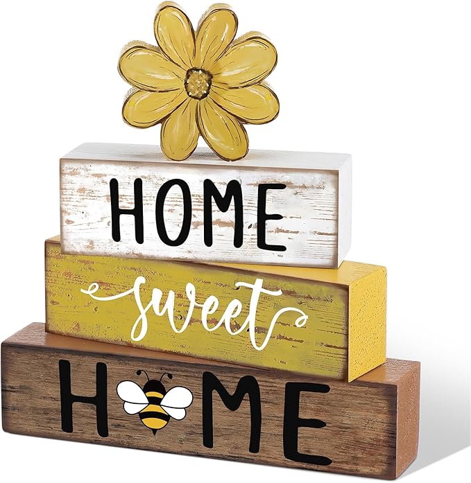 Cinnvoice 4 Pcs Yellow Bee Daisy Wooden Block Decor Farmhouse Tiered Tray Signs by Cinnvoice
