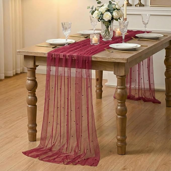 Artoid Mode 6PCS Pearl Burgundy Gauze Table Runner 120 Inch 10FT, Seasonal - Image 6