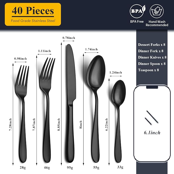 40 Piece Black Silverware Set Service - Image 2