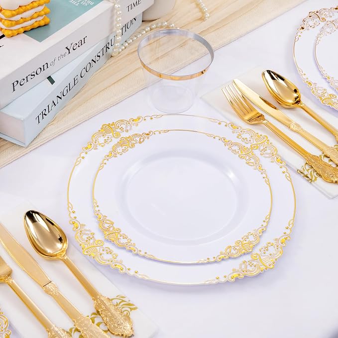175 Pcs White Gold Plates for Wedding | White Party Plates Set for 25 Guests - Image 4
