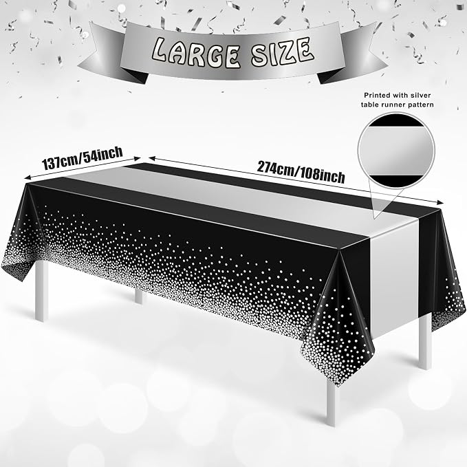 1Pcs Black Silver Tablecloth Party Decorations, Plastic Black Table Cloth - Image 2
