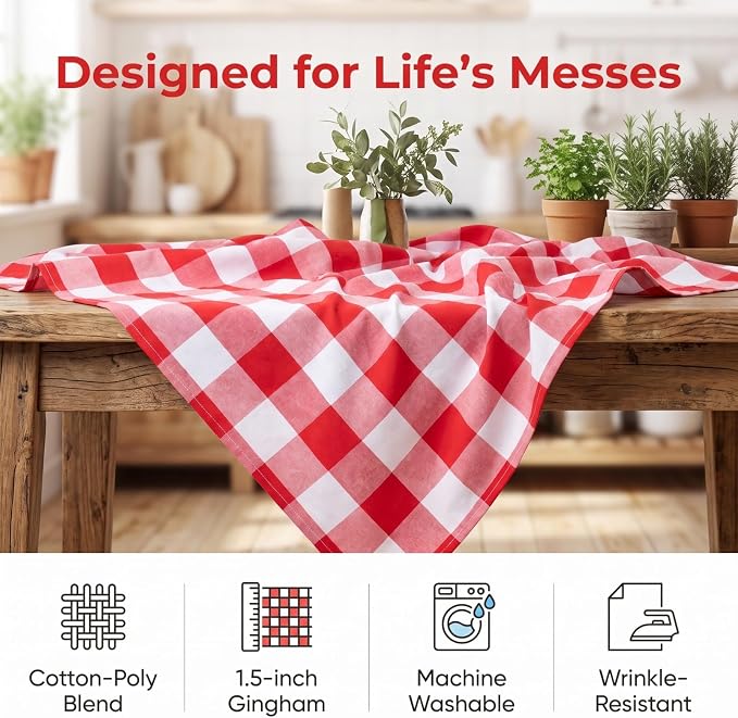 ShinyBeauty Gingham Square Tablecloth 54x54 Red and White Cotton Plaid | Rustic - Image 6