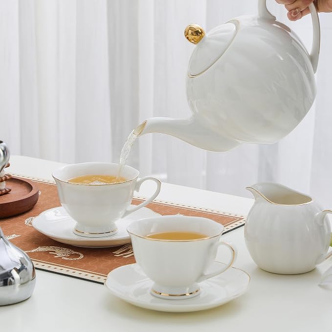 White Ceramic Tea Cup and Saucer Set of 8 - 6oz Elegant Porcelain Cups - Image 7