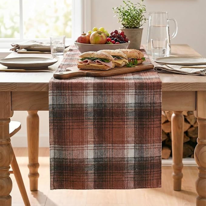 Artoid Mode Caramel Brown Farmhouse Plaid Fall Table Runner 13x90 Inch | - Image 2