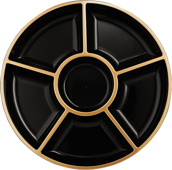 PLASTICPRO 6 Sectional Round Plastic Serving Tray/Platters Black & Gold Pack of - Image 7