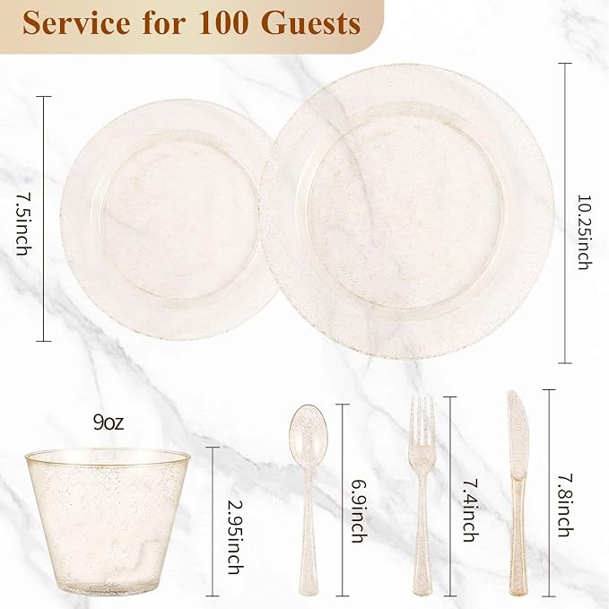 BESTVIP 600PCS Gold Glitter Dinnerware Set - Image 3