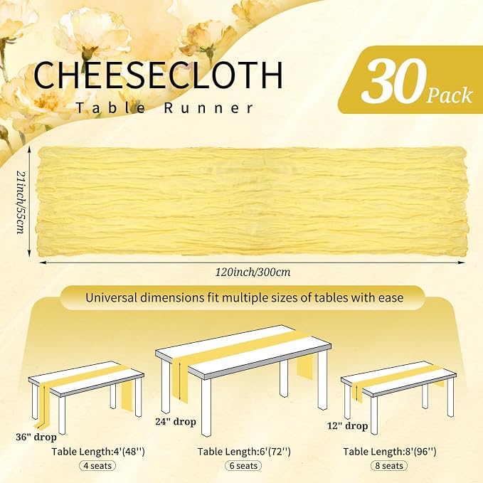30 Pack Cheesecloth Table Runner 10FT Light Yellow Table Runner Boho Gauze - Image 2