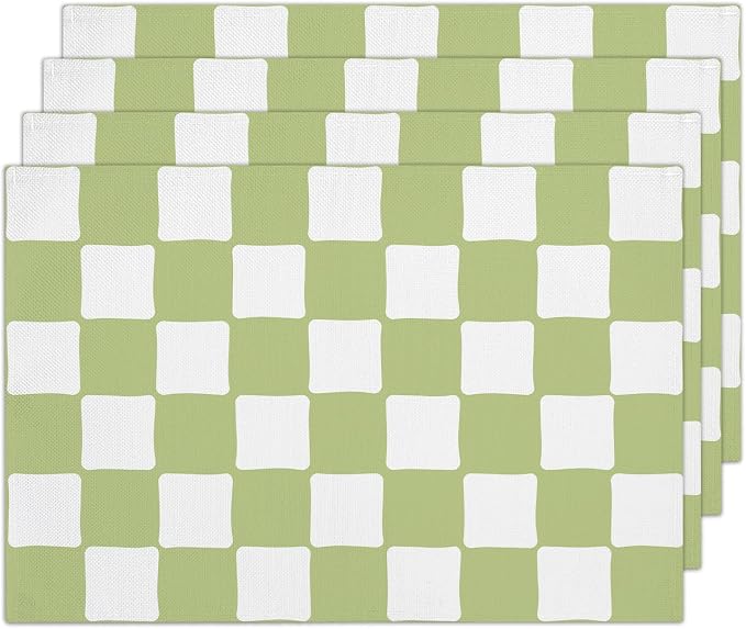 Green and White Check Plaid Placemats Set of 4, Washable Heat Resistant by RLCNOT
