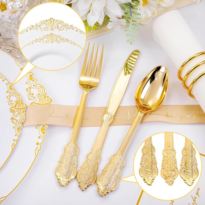 350 Pcs White Gold Plates for Wedding | White Party Plates Set for 50 Guests - Image 6