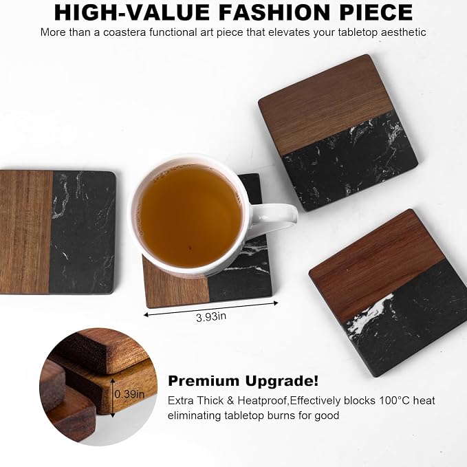 Marble Coasters: 4-Piece Set of Acacia Wood Marble Coasters, Suitable - Image 3