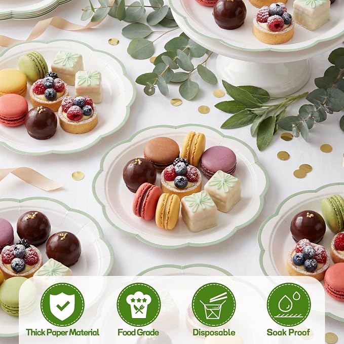 30 Pcs Sage Green and White Paper Plates 9 In White Plates - Image 4