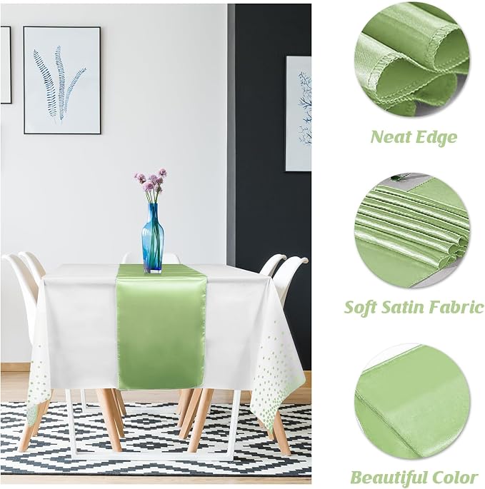 8Pack Plastic Tablecloths and Satin Table Runner Set Disposable White and Sage - Image 3