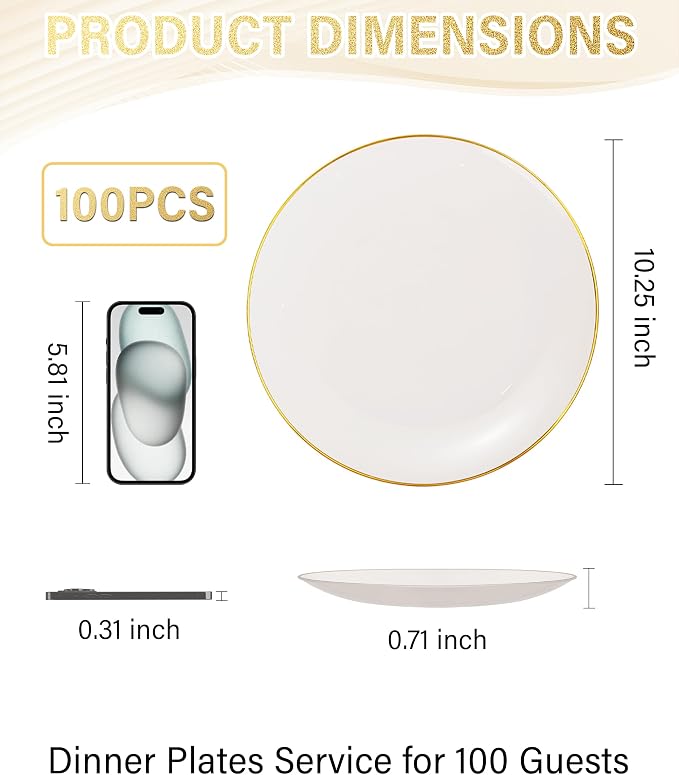 Nervure 100PCS Ivory and Gold Plastic Plates 10.25″ Disposable Dinner Plate | - Image 3