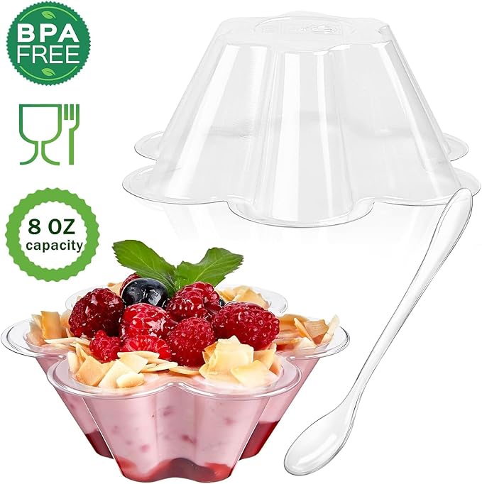 TOFLEN 8 oz Dessert Cups with Spoons, 100 Pack | Clear Plastic, Disposable - Image 3