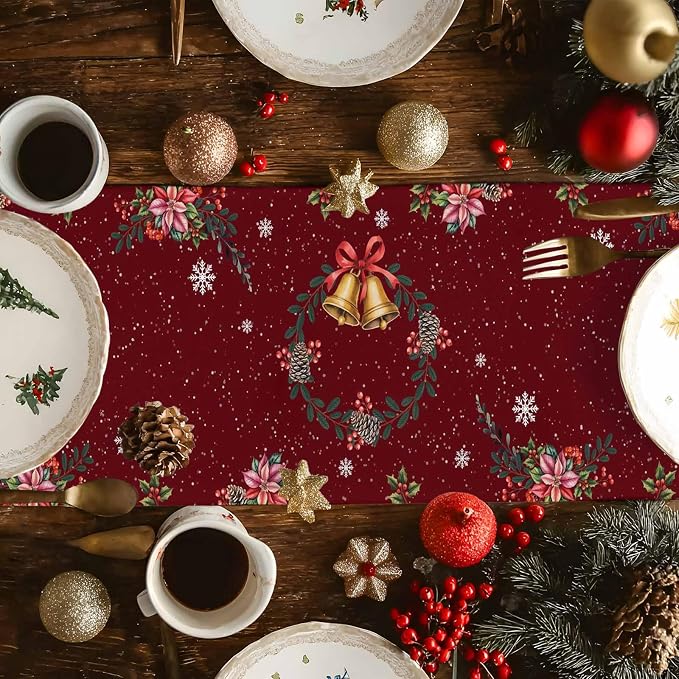 Christmas Reindeer Table Runners 120 Inches Long, Cotton Linen Fabric Red Table - Image 6