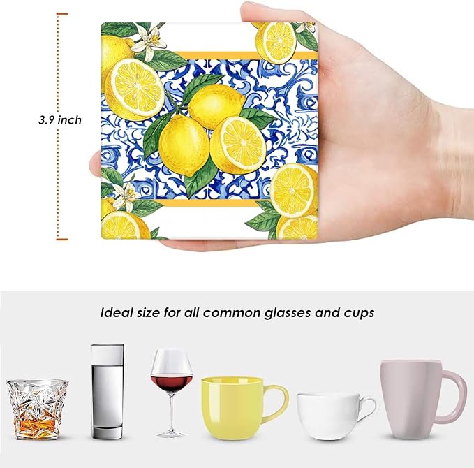 Lemon Yellow Coasters for Drinks, Ceramic Stone | Blue Fruit Tile Absorbent - Image 5