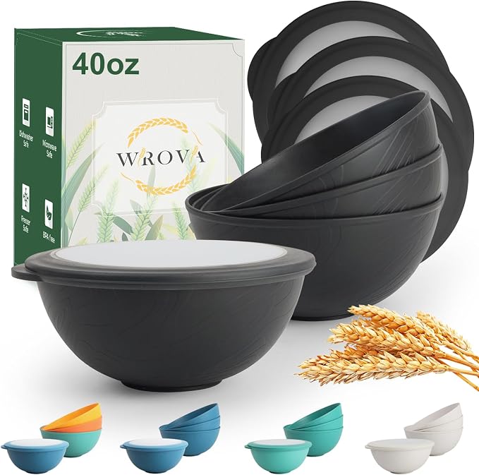 40oz wheat straw bowls set of 4, unbreakable ramen bowl set by WROVA