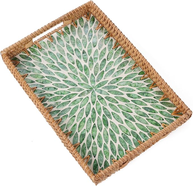 Rectangle Rattan Tray with Mother of Pearl Inlay, Rattan Serving Tray with by Tynulox