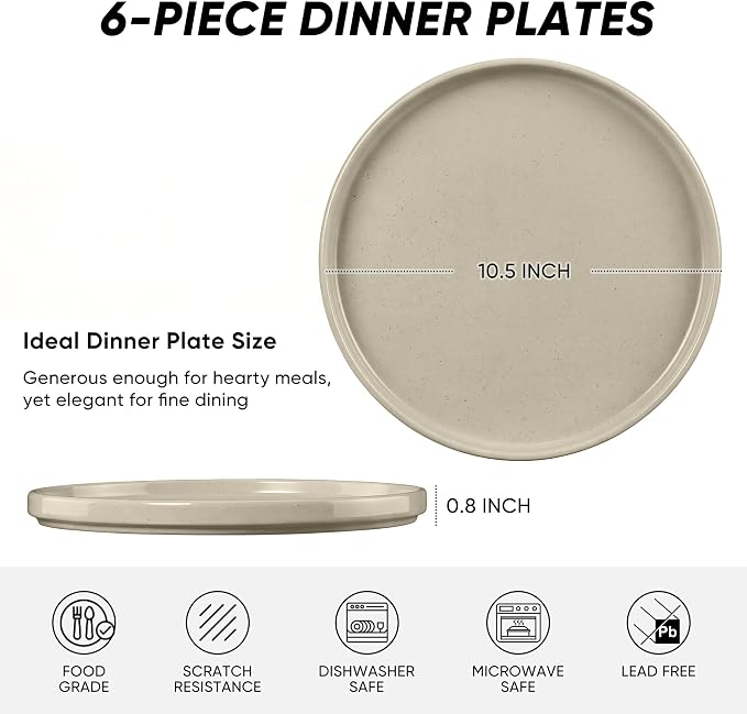 E-far Dinner Plates Set of 6, 10.5 Inch Stoneware Dinner Plate, Khaki | - Image 2
