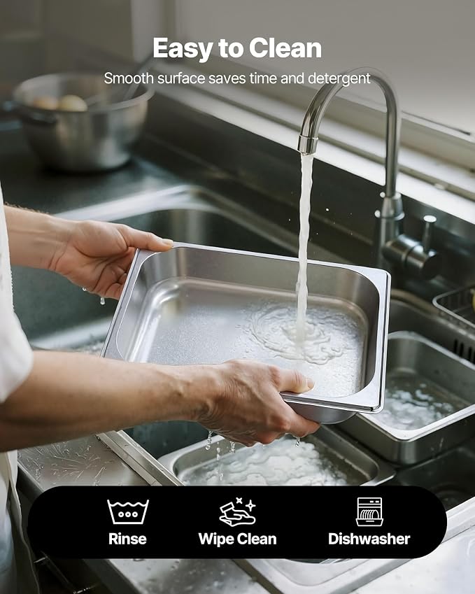 VEVOR 4 Pack Stainless Steam Hotel Pan, 1/2 Size Table Steam Pan, 2.5 Inch Deep - Image 6