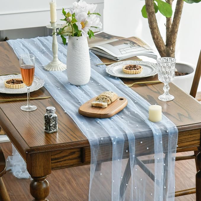 Artoid Mode Pearl Blue Gauze Table Runner 59x120 Inch, Seasonal Sheer Kitchen - Image 3