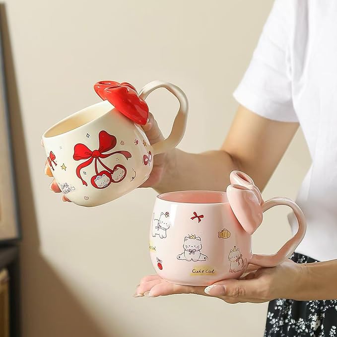DTIUYIOP-Cute Cherry Cat Ceramic Coffee Mugwith 3D Bow & Bow Spoon | kawaii - Image 7