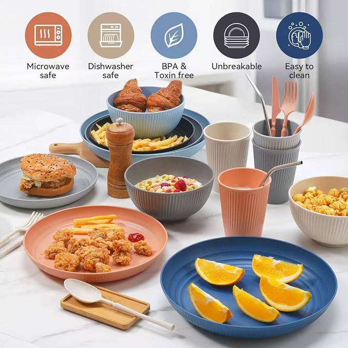 Wheat Straw Dinnerware Sets, 64-Piece Plates and Bowls Sets - Image 6
