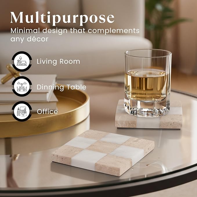 Marble Coasters Set of 4, Travertine & White Matt Handmade 4 inch Square - Image 5