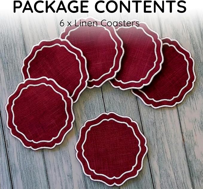 Drink Coasters Set of 6, 6x6 inch, Absorbent Linen Drink Mats - Image 2