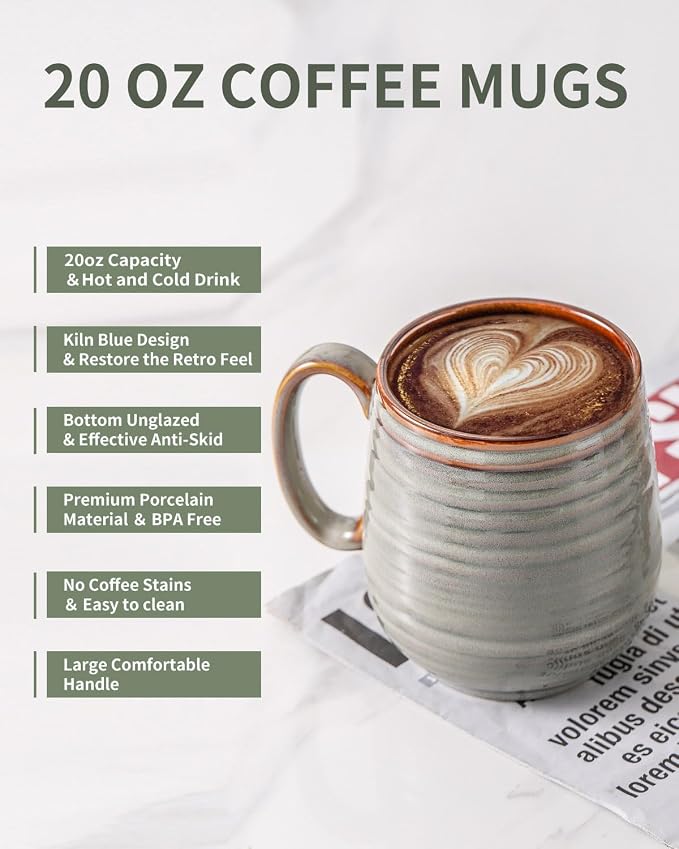 HASENSE 20 Oz Coffee Mugs Set of 2, Porcealin Large Coffee Cups - Image 5