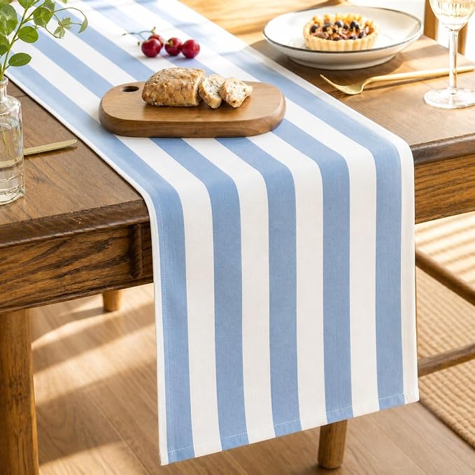 Folkulture Table Runner 72 Inches Long Blue & White Striped Cotton Coastal by FOLKULTURE