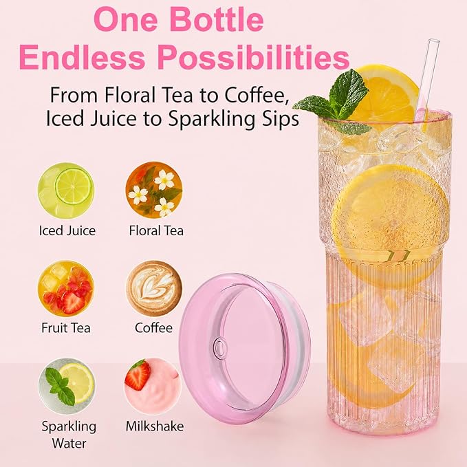 Luiaiog Glass Cups with Lids and Glass Straws, High Borosilicate 20OZ Pink - Image 2